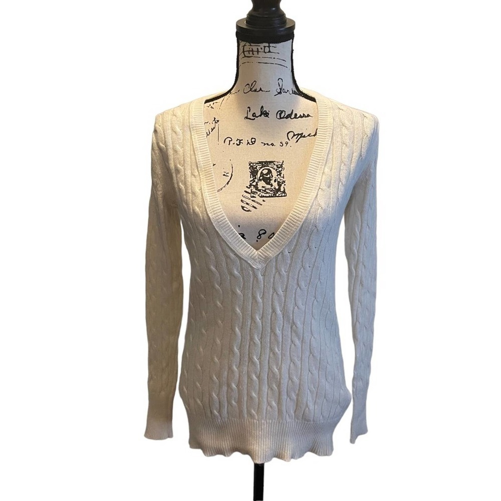 Gap Cable Knit Sweater Ivory Off White Small Angora Rabbit Hair Y2K Deep V neck